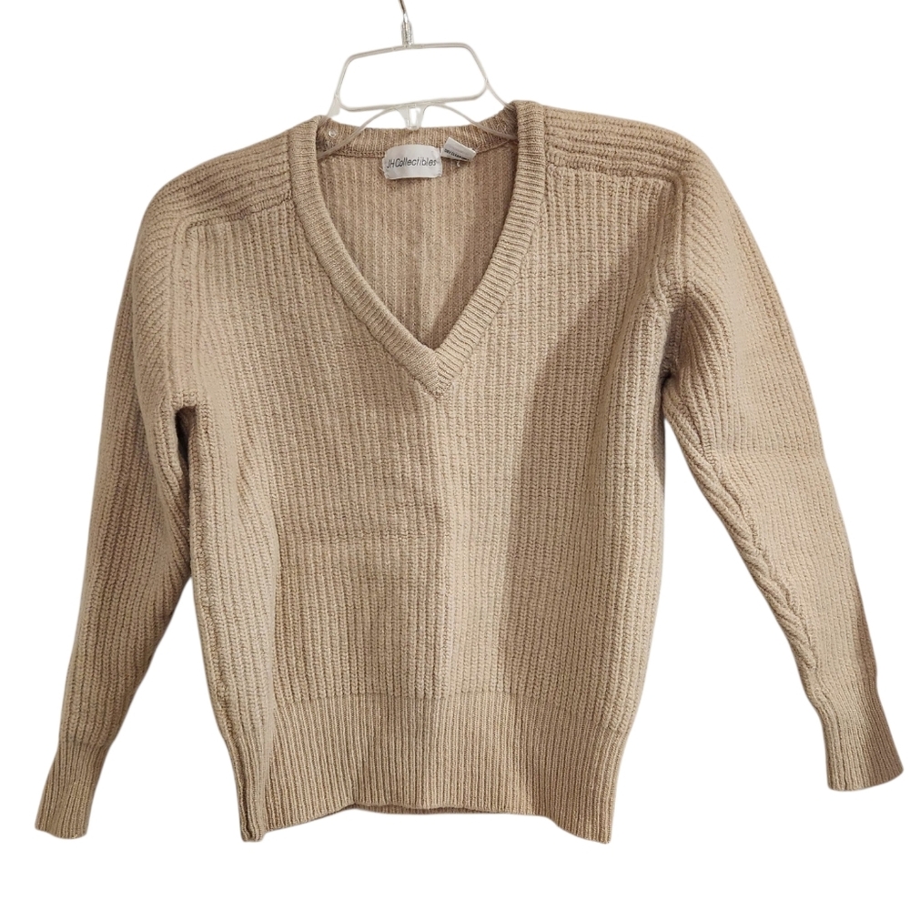 JH Collectibles Womens Sz M Sweater Lambswool Angora Rabbit Hair V Neck Beige